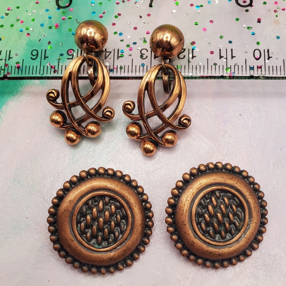 Vintage Earrings Set Copper Patina Clip On Dangkes And Button